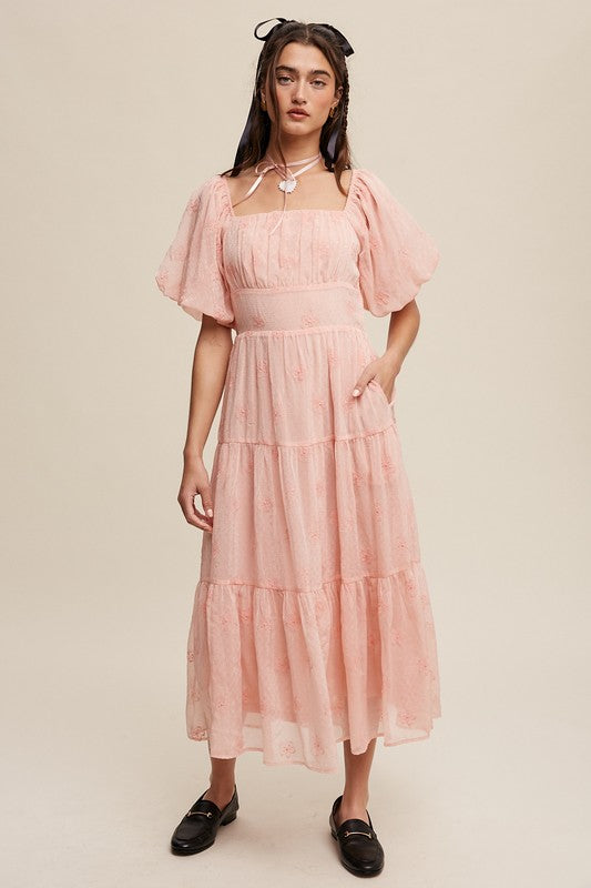 Flower Embroidered Puff Sleeve Tiered Maxi Dress - SELFTRITSS   