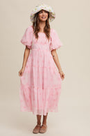 Flower Embroidered Puff Sleeve Tiered Maxi Dress - SELFTRITSS   