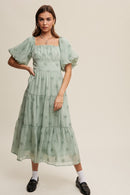 Flower Embroidered Puff Sleeve Tiered Maxi Dress - SELFTRITSS   