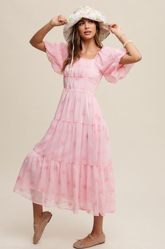 Flower Embroidered Puff Sleeve Tiered Maxi Dress - SELFTRITSS   