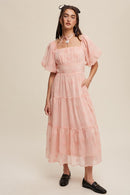 Flower Embroidered Puff Sleeve Tiered Maxi Dress - SELFTRITSS   