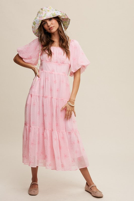 Flower Embroidered Puff Sleeve Tiered Maxi Dress - SELFTRITSS   