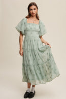 Flower Embroidered Puff Sleeve Tiered Maxi Dress - SELFTRITSS   