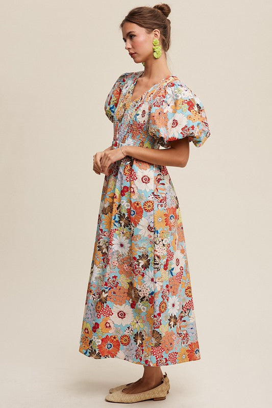 Flower Print Smocked V-neck Puff Sleeve Maxi Dress - SELFTRITSS   