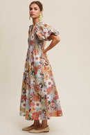 Flower Print Smocked V-neck Puff Sleeve Maxi Dress - SELFTRITSS   