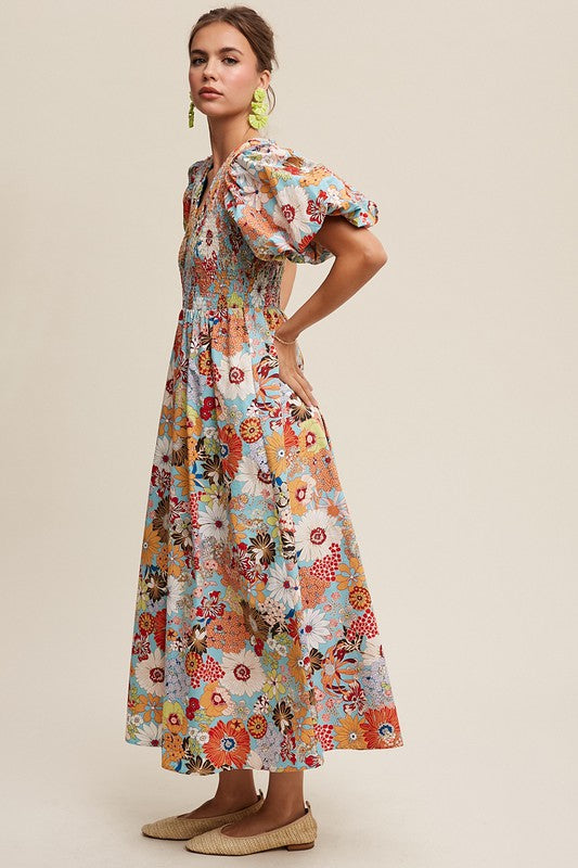 Flower Print Smocked V-neck Puff Sleeve Maxi Dress - SELFTRITSS   