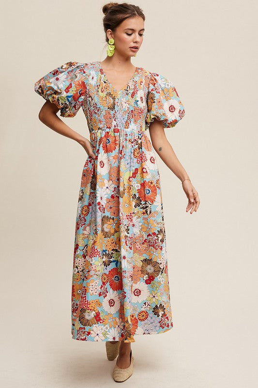 Flower Print Smocked V-neck Puff Sleeve Maxi Dress - SELFTRITSS   