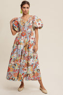 Flower Print Smocked V-neck Puff Sleeve Maxi Dress - SELFTRITSS   