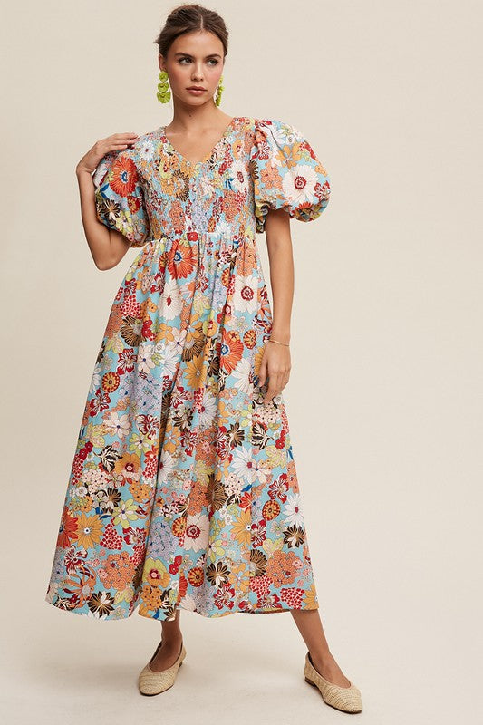 Flower Print Smocked V-neck Puff Sleeve Maxi Dress - SELFTRITSS   