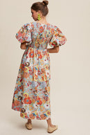 Flower Print Smocked V-neck Puff Sleeve Maxi Dress - SELFTRITSS   