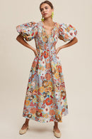 Flower Print Smocked V-neck Puff Sleeve Maxi Dress - SELFTRITSS   