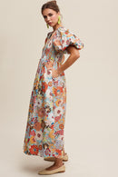 Flower Print Smocked V-neck Puff Sleeve Maxi Dress - SELFTRITSS   