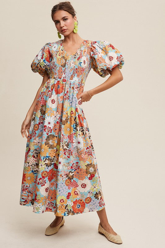 Flower Print Smocked V-neck Puff Sleeve Maxi Dress - SELFTRITSS   