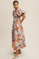 Flower Print Smocked V-neck Puff Sleeve Maxi Dress - SELFTRITSS   