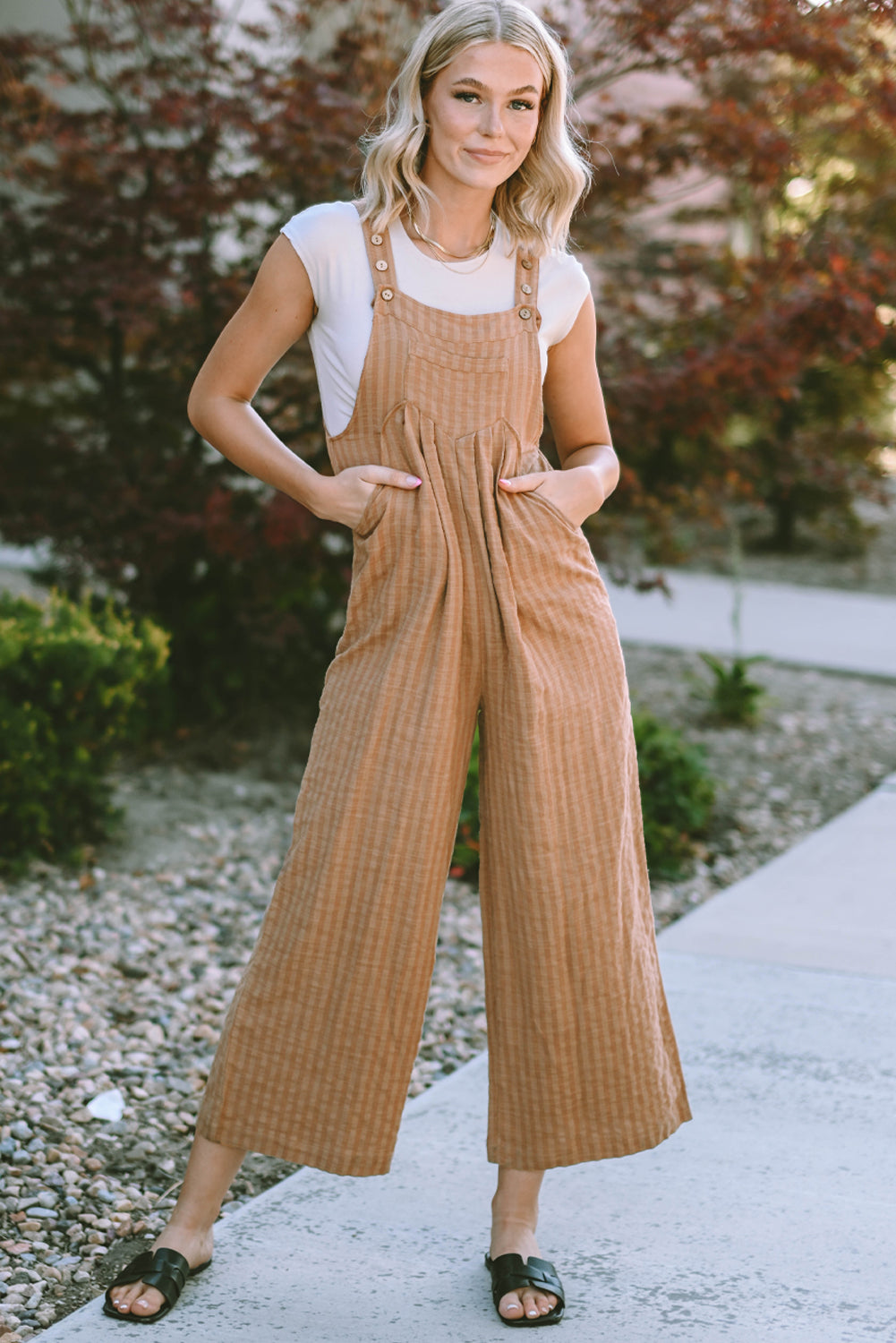 Brown Striped Pleated Wide Leg Pocketed Jumpsuit - SELFTRITSS   