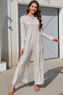 Light Grey Mix Striped Long Sleeve Wide Leg Jumpsuit - SELFTRITSS