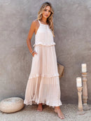 Ruffled Sleeveless Tiered Maxi Dress with Pockets - SELFTRITSS