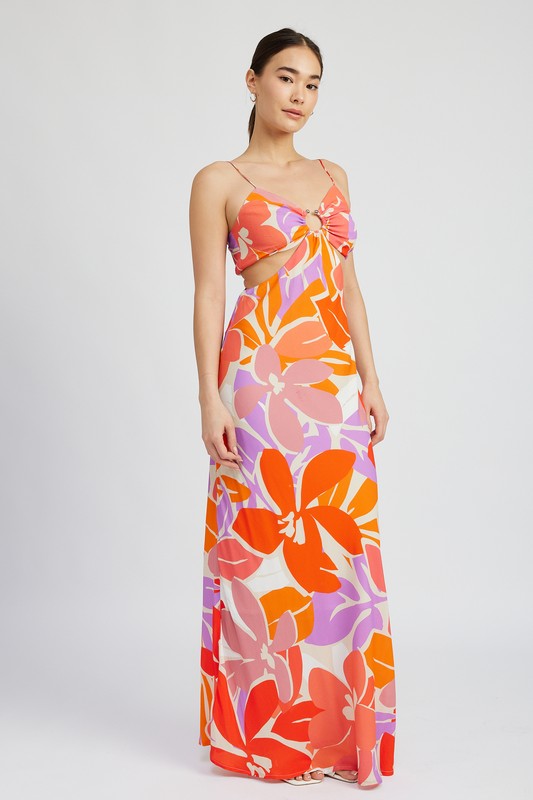 FLORAL CUT OUT MAXI DRESS WITH O RING DETAIL - SELFTRITSS