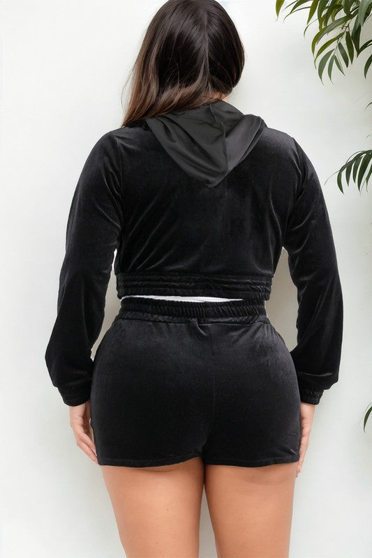 Plus Size Velour Crop Zip Up Hoodie and Shorts Set - SELFTRITSS