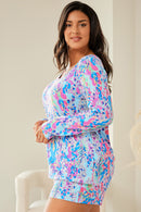 Sky Blue Plus Size Floral Print Long Sleeve and Shorts Lounge Outfit - SELFTRITSS