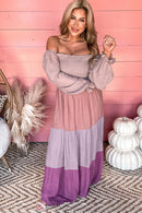 Multicolour Smocked Bubble Sleeve Colorblock Tiered Maxi Dress - SELFTRITSS