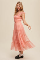 Smocked Ruffle Tiered Mesh Midi Maxi Dress - SELFTRITSS   