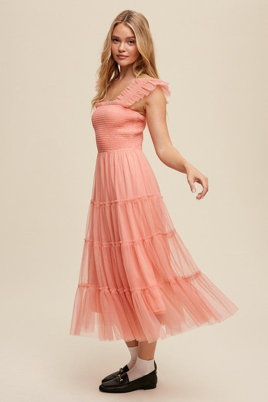 Smocked Ruffle Tiered Mesh Midi Maxi Dress - SELFTRITSS   