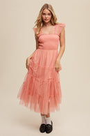 Smocked Ruffle Tiered Mesh Midi Maxi Dress - SELFTRITSS   