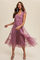 Smocked Ruffle Tiered Mesh Midi Maxi Dress - SELFTRITSS   