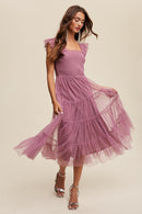 Smocked Ruffle Tiered Mesh Midi Maxi Dress - SELFTRITSS   