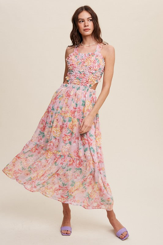 Floral Bubble Textured Two-Piece Style Maxi Dress - SELFTRITSS   