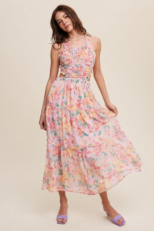 Floral Bubble Textured Two-Piece Style Maxi Dress - SELFTRITSS   