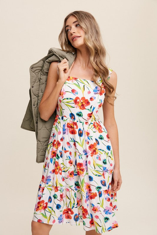 Flower Print Square Neck Dress - SELFTRITSS   