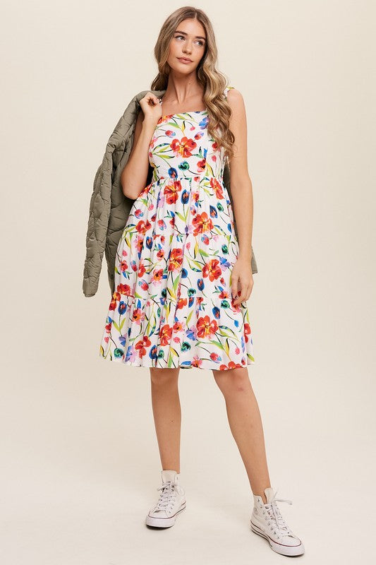 Flower Print Square Neck Dress - SELFTRITSS   