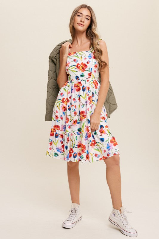 Flower Print Square Neck Dress - SELFTRITSS   