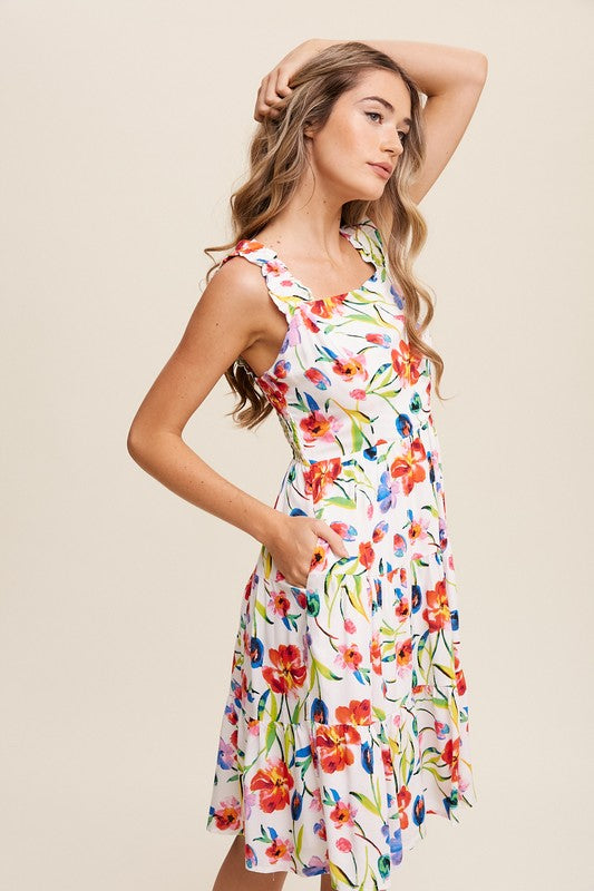 Flower Print Square Neck Dress - SELFTRITSS   