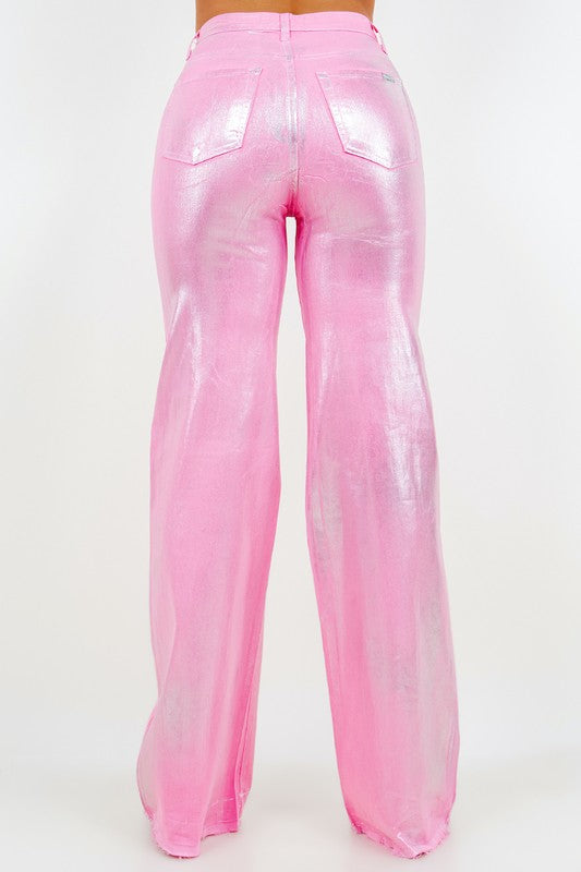 Metallic Wide Leg Jean in Pink - SELFTRITSS   