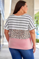 Striped Leopard Color Block Plus Size T-Shirt - SELFTRITSS   