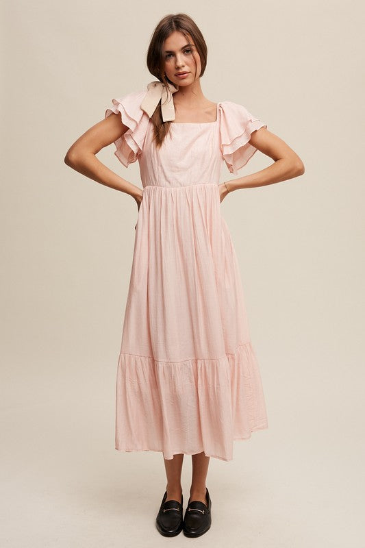 Square Neck Ruffled Short Sleeve Maxi Dress - SELFTRITSS   