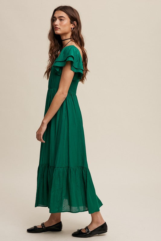 Square Neck Ruffled Short Sleeve Maxi Dress - SELFTRITSS   