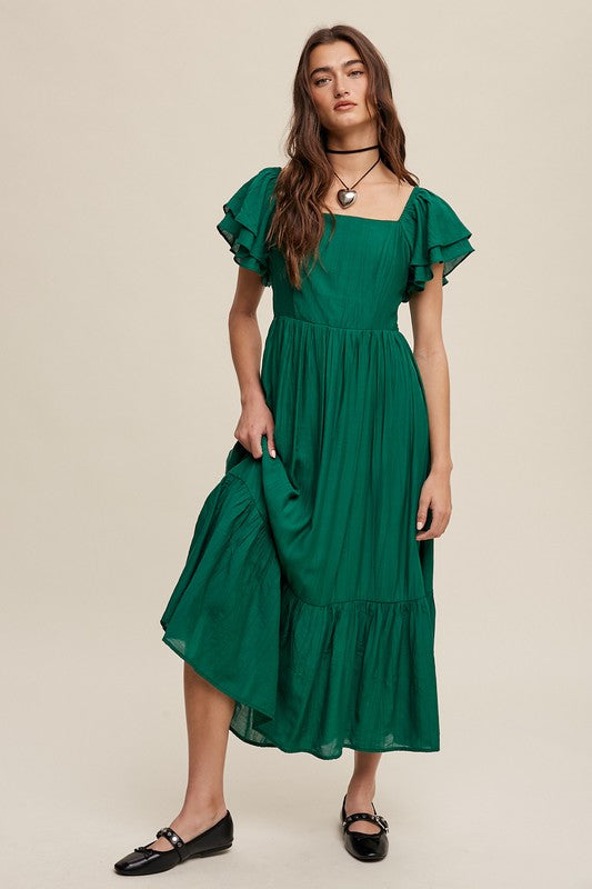 Square Neck Ruffled Short Sleeve Maxi Dress - SELFTRITSS   