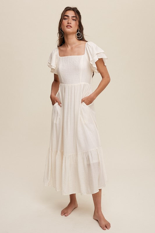 Square Neck Ruffled Short Sleeve Maxi Dress - SELFTRITSS   