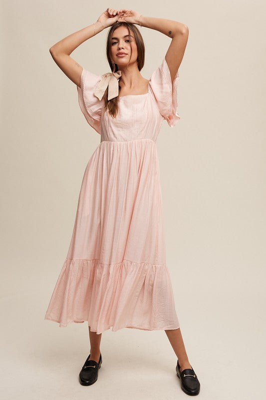 Square Neck Ruffled Short Sleeve Maxi Dress - SELFTRITSS   