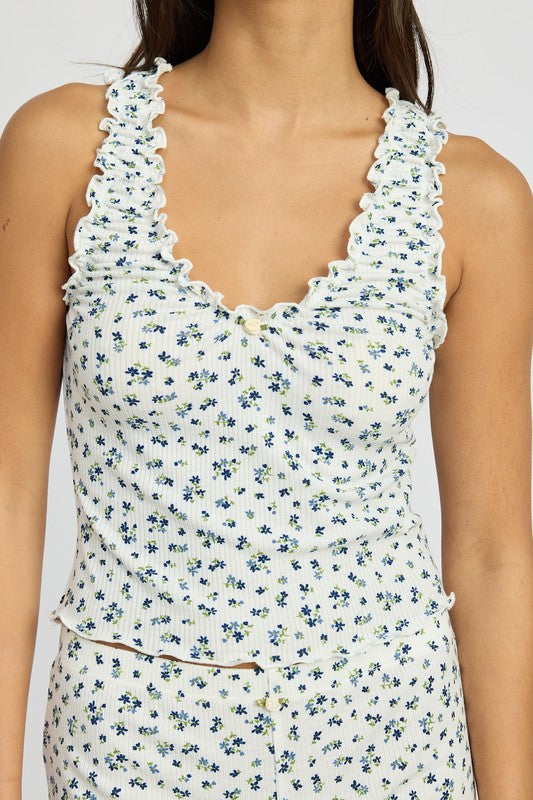 PRINTED KNIT TANK TOP WITH RUFFLE