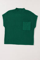 Blackish Green Patch Pocket Ribbed Knit Short Sleeve Sweater - SELFTRITSS   