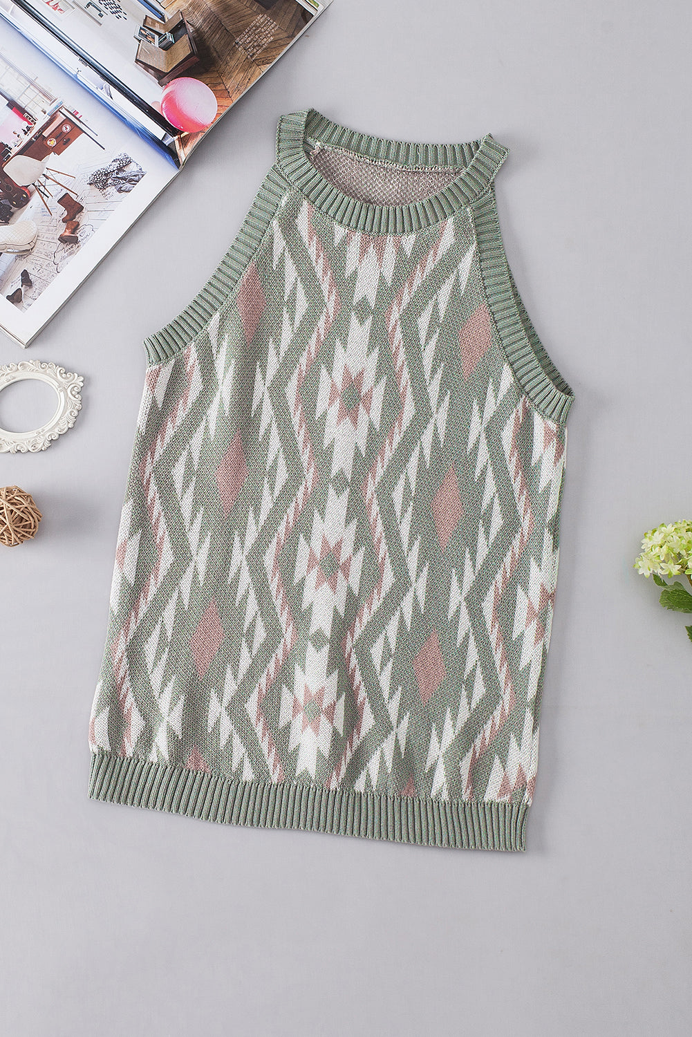 Laurel Green Western Tribal Aztec Pattern Knit Sweater Tank - SELFTRITSS   