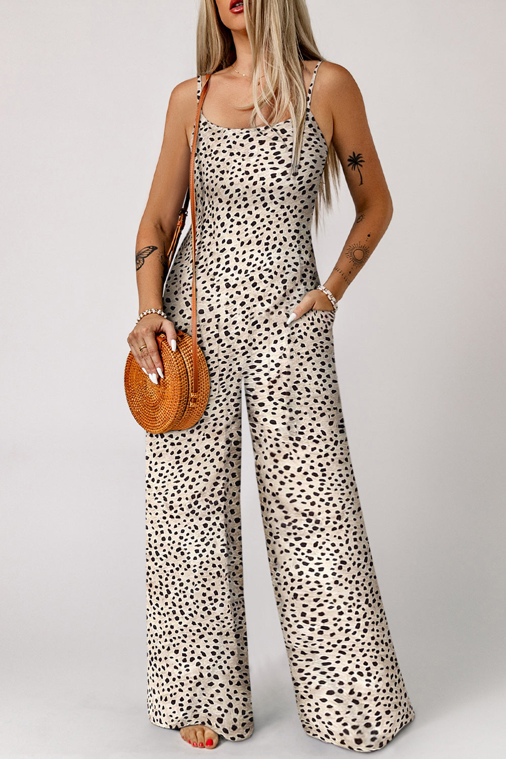 Khaki Leopard Print Wide Leg Spaghetti Straps Jumpsuit - SELFTRITSS