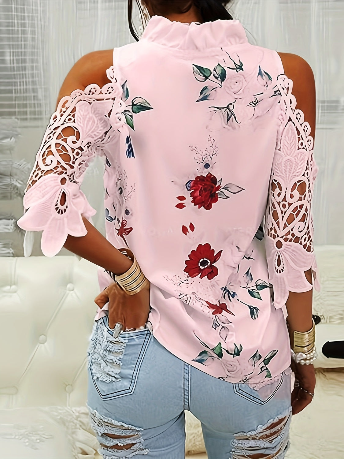 Full Size Lace Printed Half Sleeve Blouse - SELFTRITSS