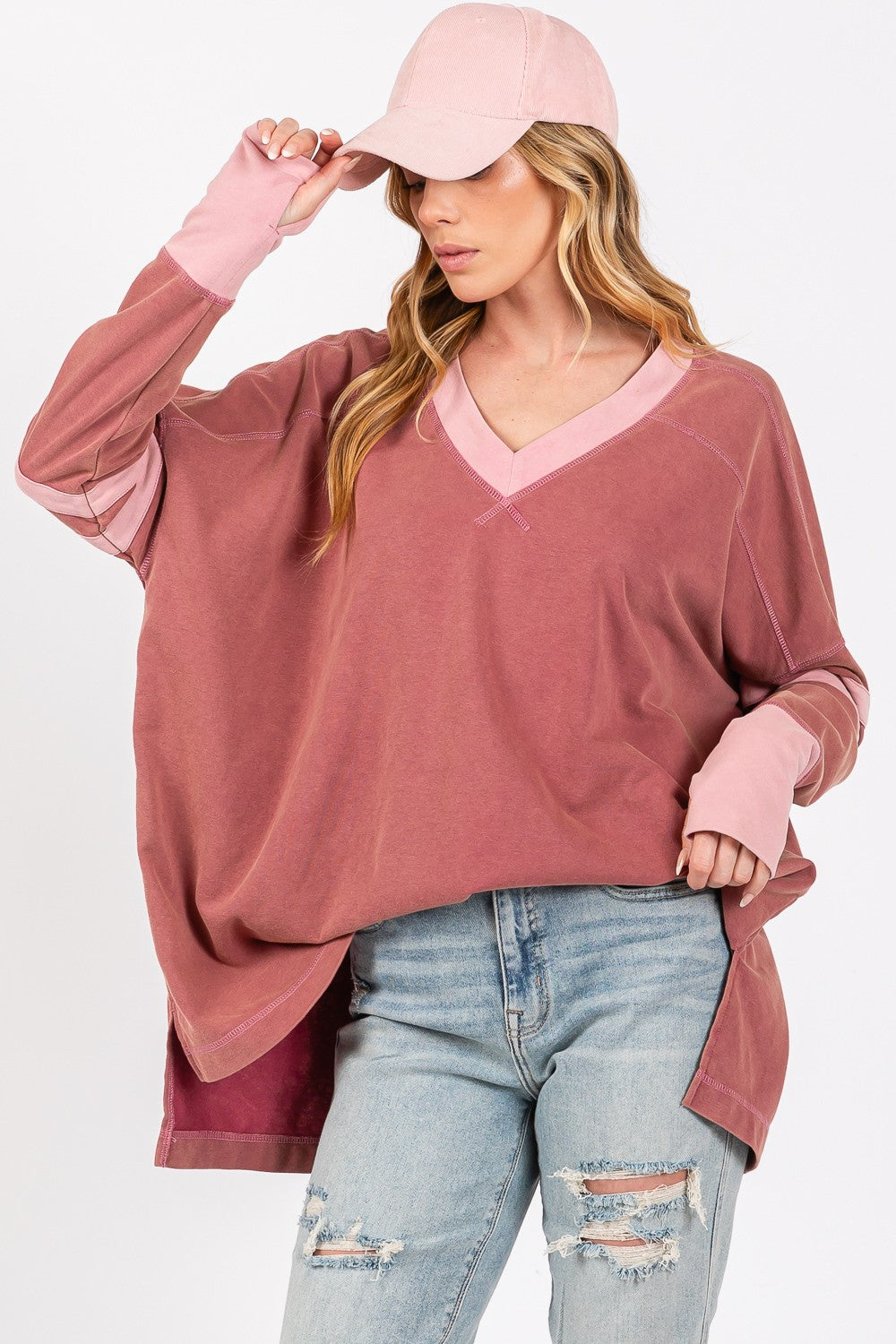 Pink Mineral Wash Side Slit Contrast Sweatshirt - SELFTRITSS   