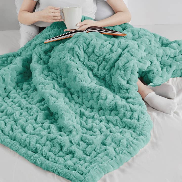 Ruched 50x60" Throw Blanket, Aqua Blue Green - SELFTRITSS